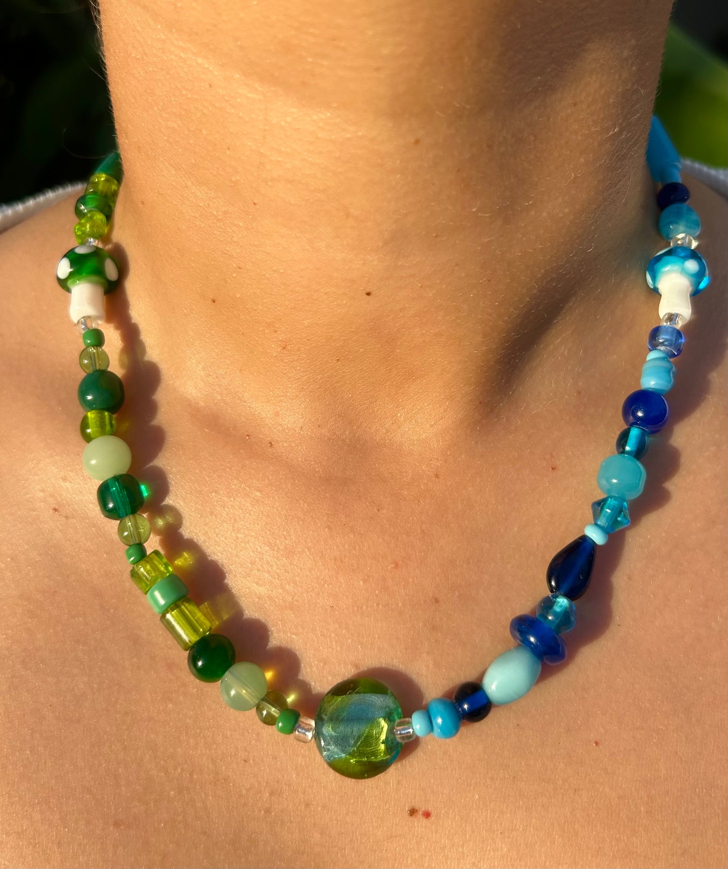 "Earthly Mushrooms" Blue/Green Glass Necklace (1/1)